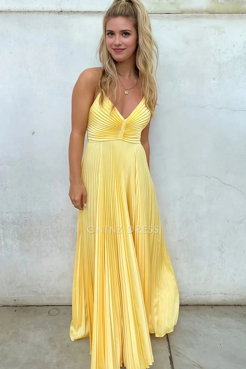 CNTNZ DRESS Modest A-Line V-Neck Spaghetti Straps Lace Up Pleated Party Fashion Hot Sale Prom Dress