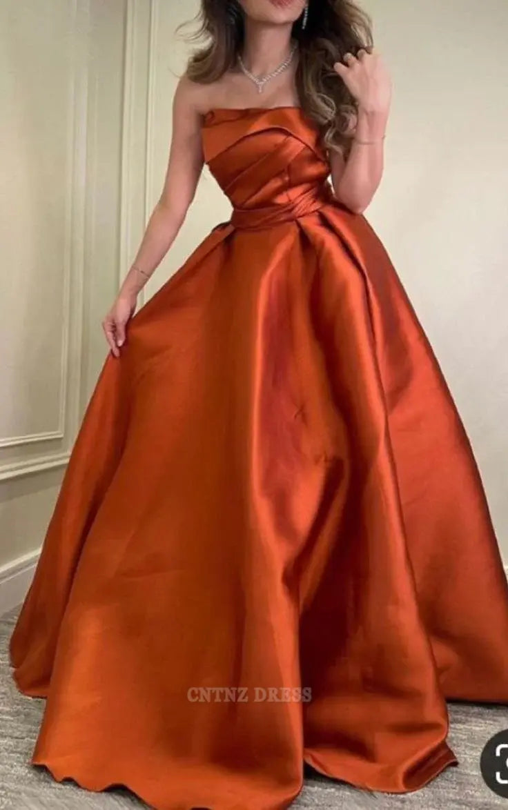 Wholesa A Line Pretty Strapless Burnt Orange Satin formal dresses Bridesmaid Dresses evening gown Prom Dress
