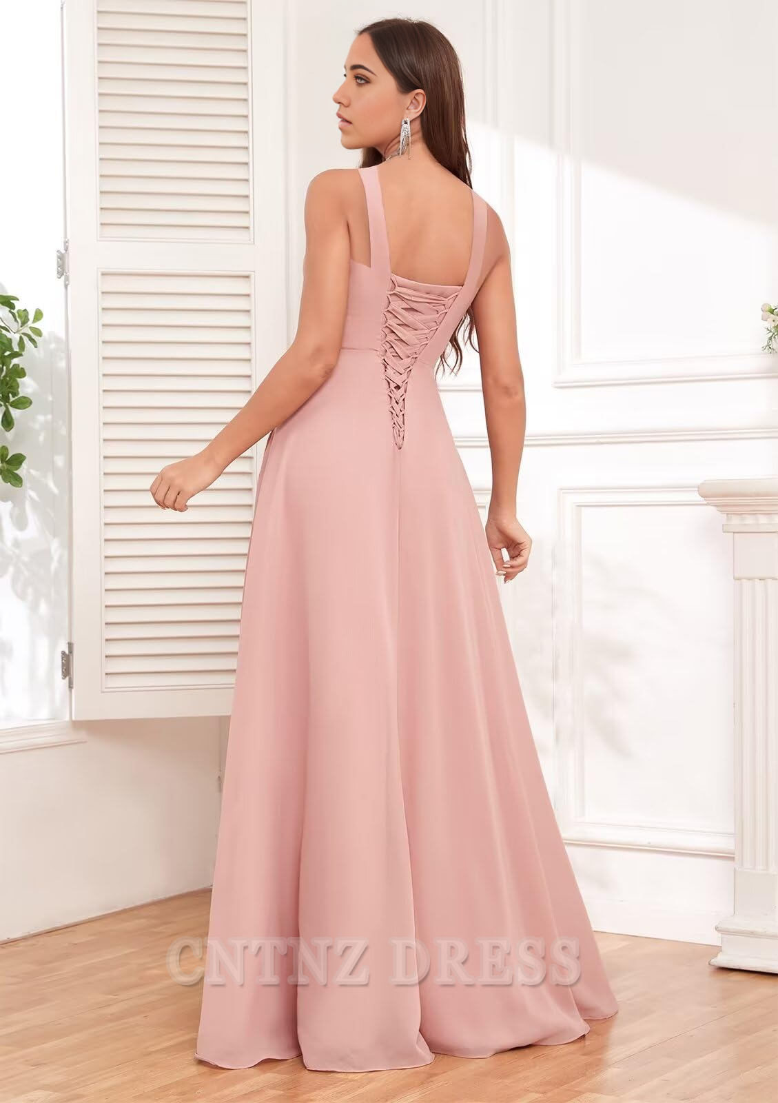 Wholesa A-line Square Neck Chiffon Ruffle formal dresses Bridesmaid Dresses evening gown Prom Dress with Slit