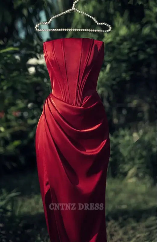 Wholesa Sheath Strapless Satin Slit Sleeveless Burgundy formal dresses Bridesmaid Dresses evening gown Prom Dress