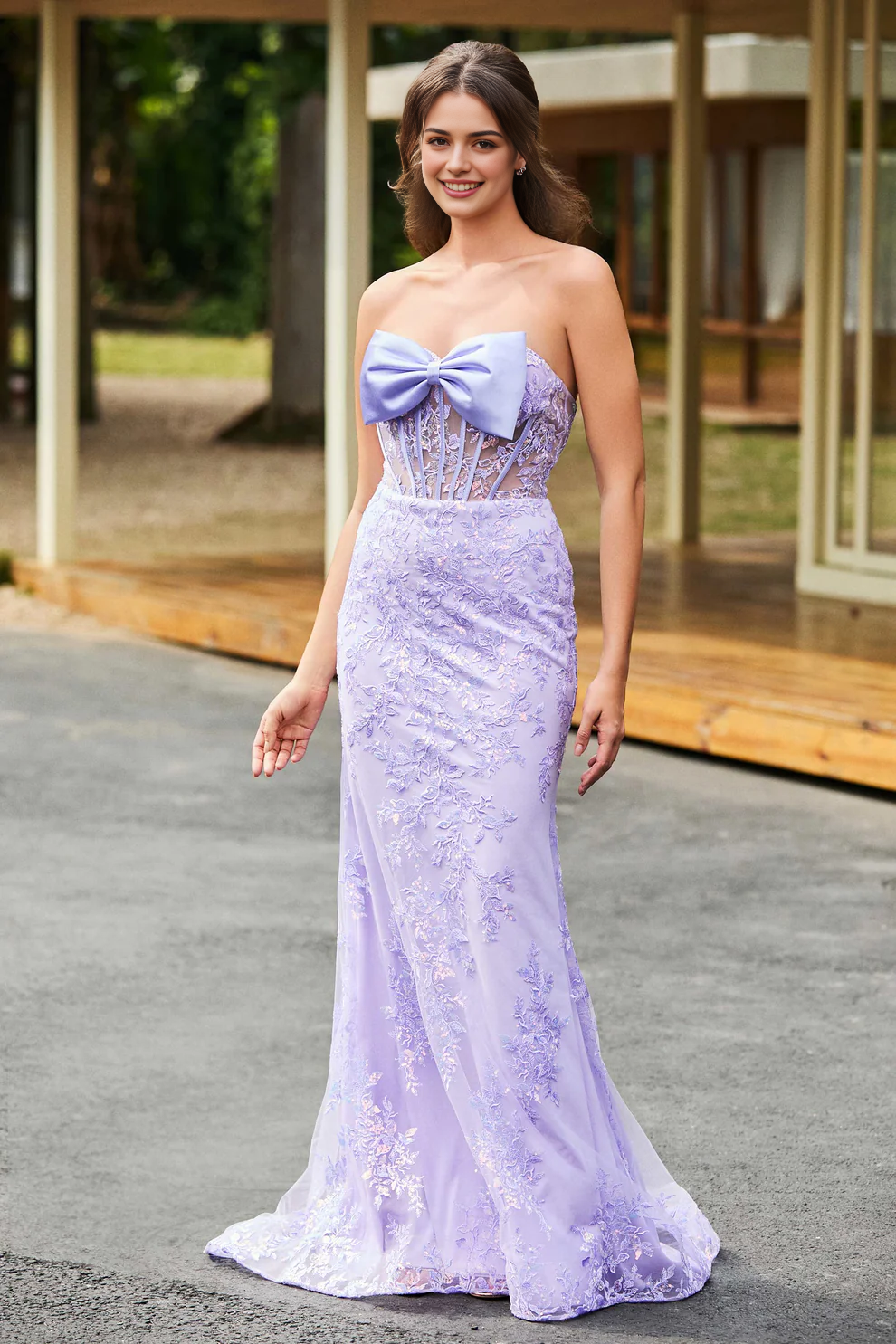 Cute Sheath Strapless Bowknot Sweetheart Neckline Sleeveless Lace Sequins Applique Backless Discount Fashion Party Dress Hot Sale Prom Dresses