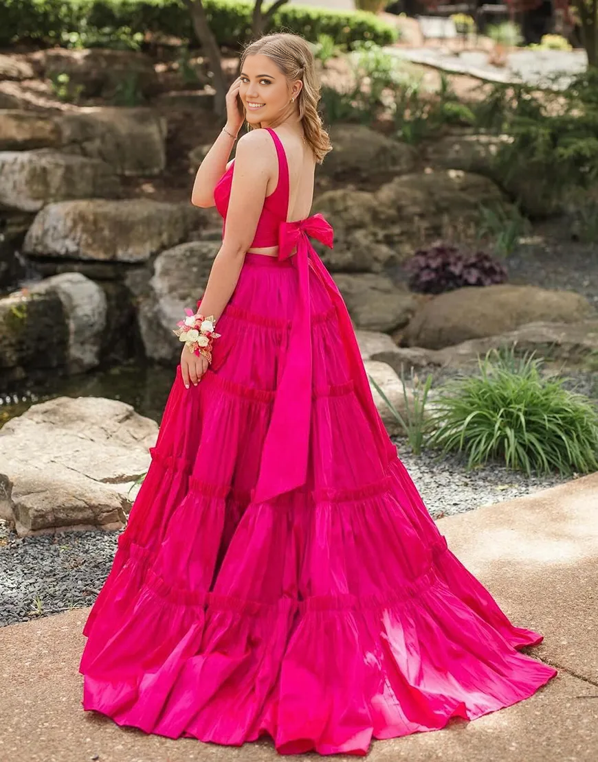 Wholesa Two Piece A-Line V Neck  Ruffled Fuchsia formal dresses evening dress Long Prom Dress