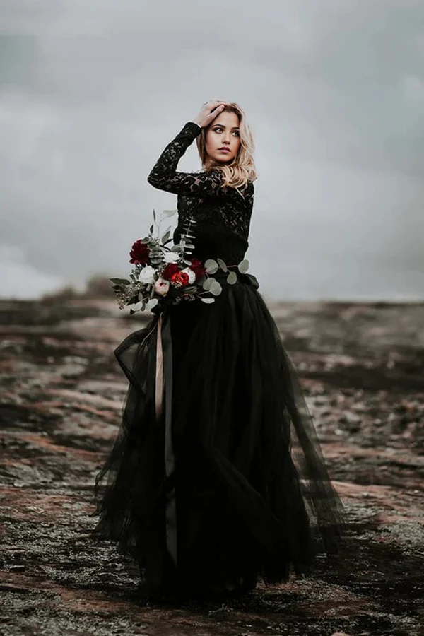 Wholesa Boho A-Line Lace Appliqued Black Bridal Gown Wedding Dress