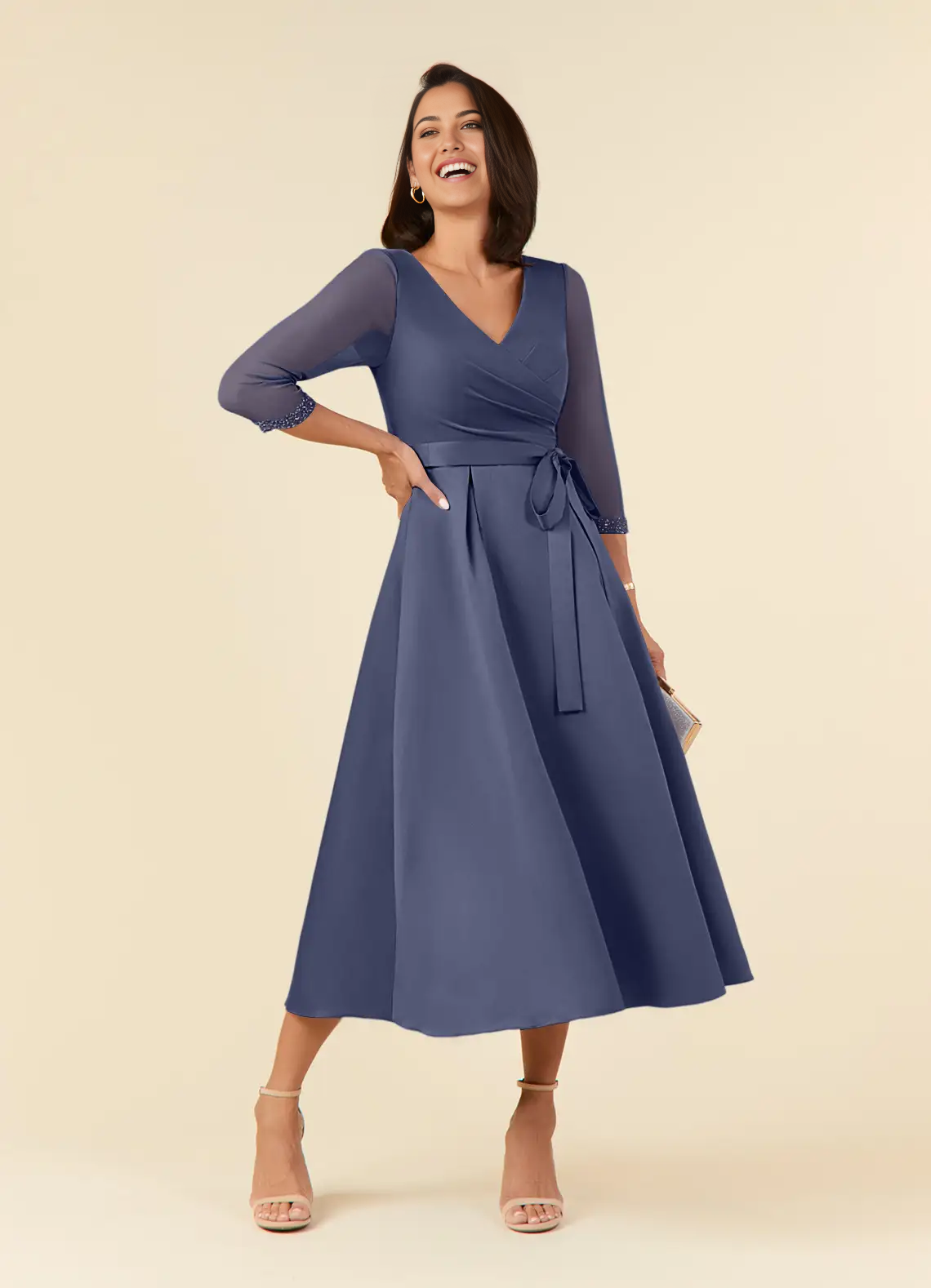 Wholesa A-Line V-Neck Pleated Tea Length Stormy formal dresses evening dress Mother of the Bride Dresses