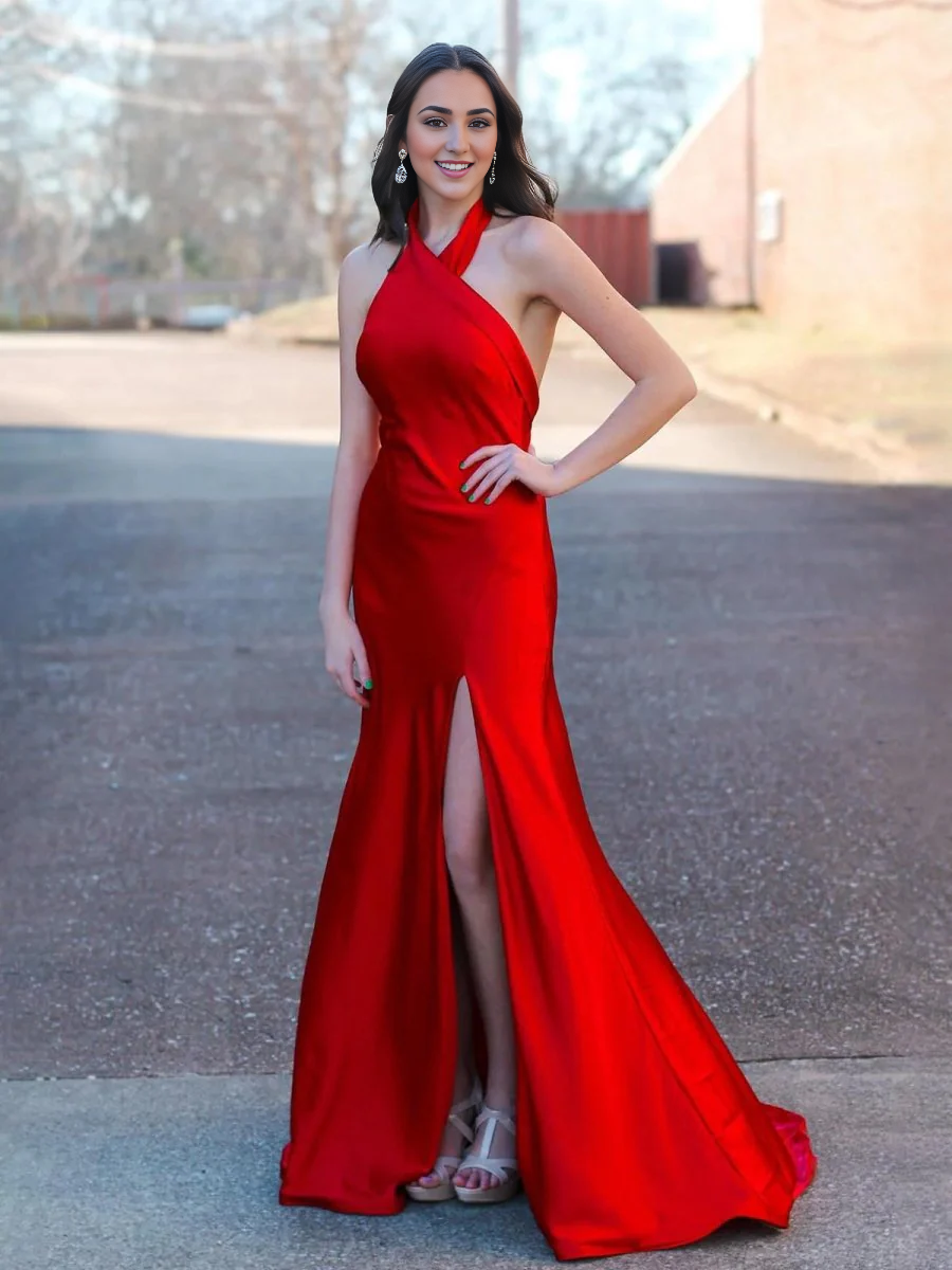 Elegant Formal Women's Dresses Red Satin Mermaid Halter Sleeveless Backless With Slit Bargain Long Prom Dress