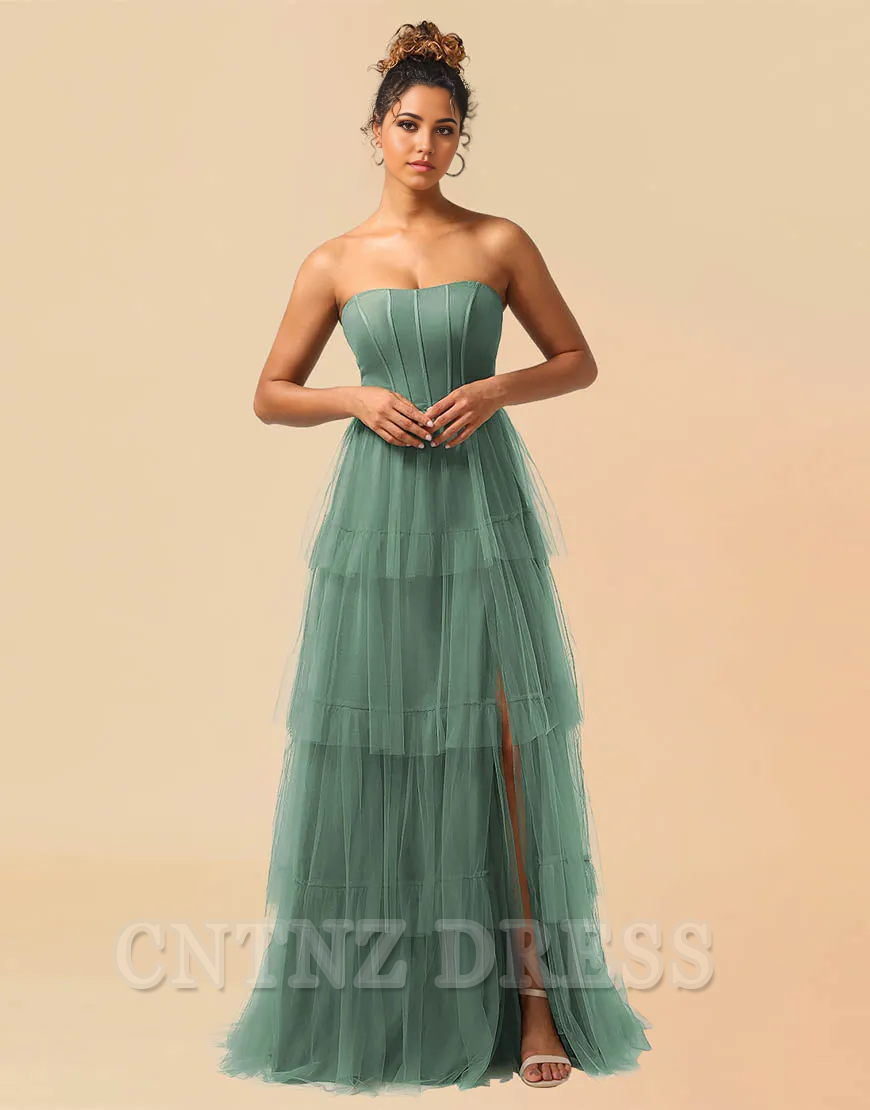 Wholesa A-Line Detachable Straps Lace Up Tulle formal dresses Bridesmaid Dresses evening gown Prom Dress With Split