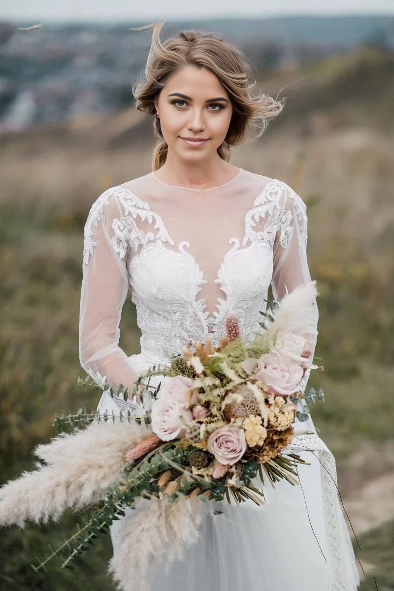Wholesa Two Piece Bohemian Illusion Sleeves Lace Court Train Wedding Dress