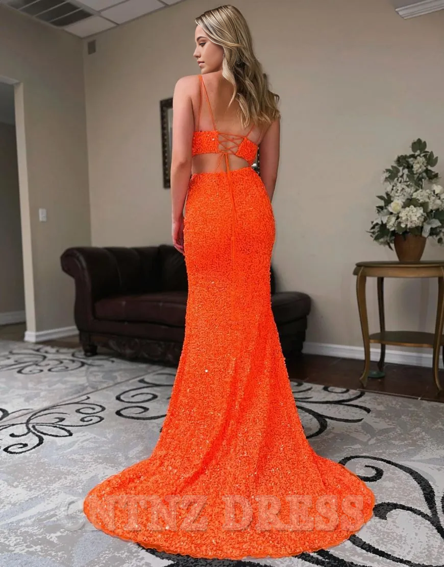 Wholesa Two Pieces Mermaid Spaghetti Straps Corset Back Long Sequin formal dresses evening gown Prom Dress