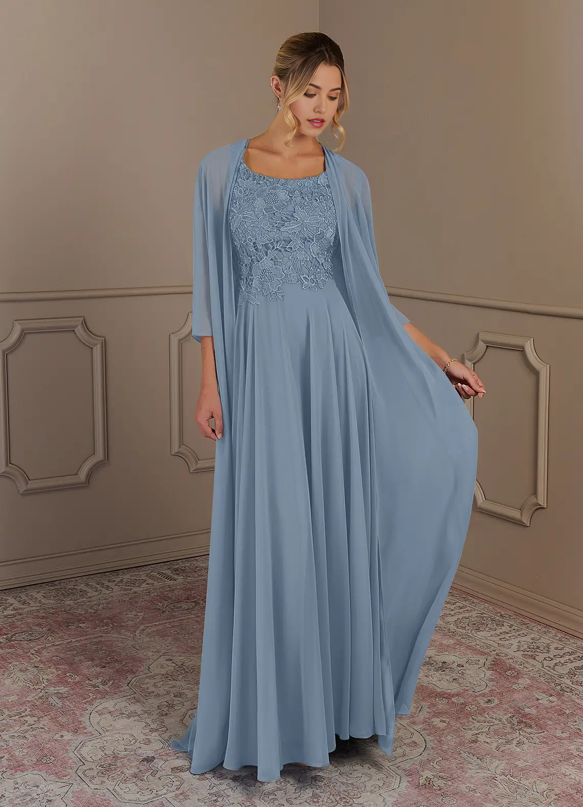 Wholesa Two Piece  A-Line Scoop lace Chiffon Dusty Blue formal dresses evening dress Mother of the Bride Dresses