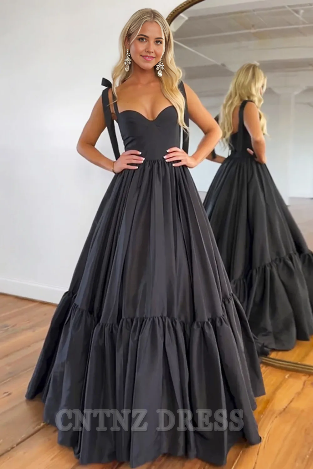 Wholesa A-Line Sweet Princess Tie Straps Satin Black Long formal dresses evening gown Prom Dress