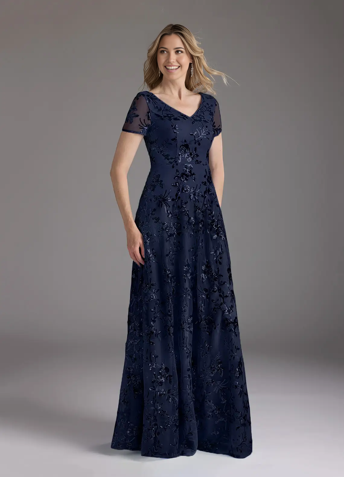 Wholesa A-Line V-Neck Sequins Dark Navy formal dresses evening dress Mother of the Bride Dresses