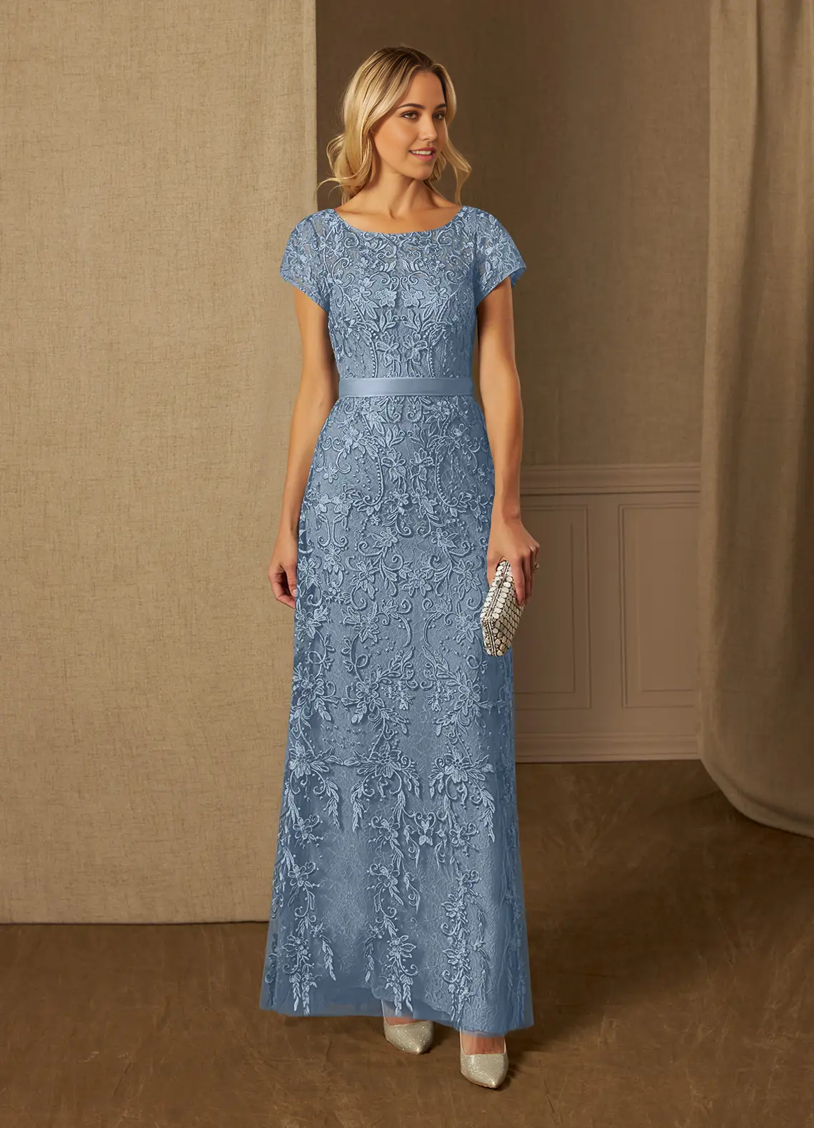 Wholesa Sheath Scoop Lace Appliques Short Sleeve Dusty Blue Mother of the Bride Dresses