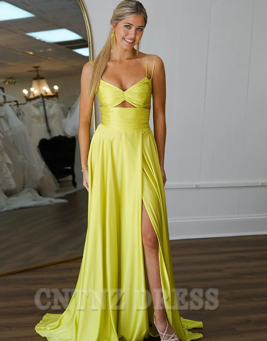 Wholesa A-Line Double Spaghetti Straps Hollow Out Yellow Long formal dresses evening gown Prom Dress with Slit