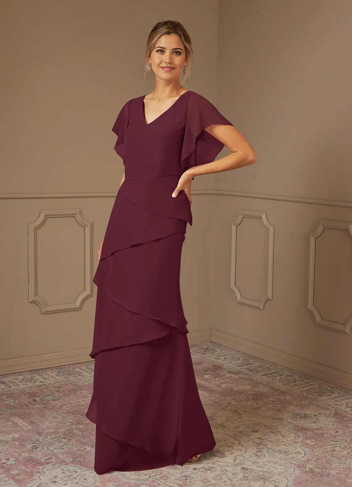 Wholesa A-Line V-Neck Chiffon Cabernet formal dresses Mother of the Bride Dresses