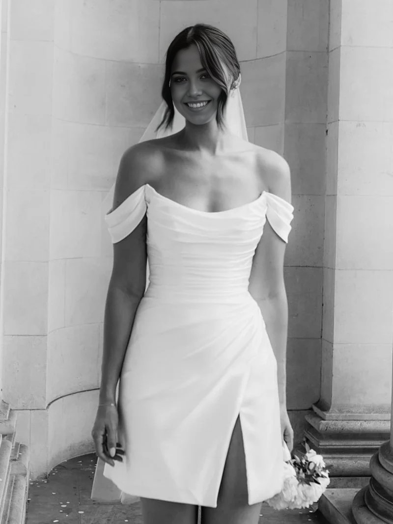 Wholesa Simple Off-the-Shoulder Short Satin Cowl Neck Formal Wedding Dress With Slit