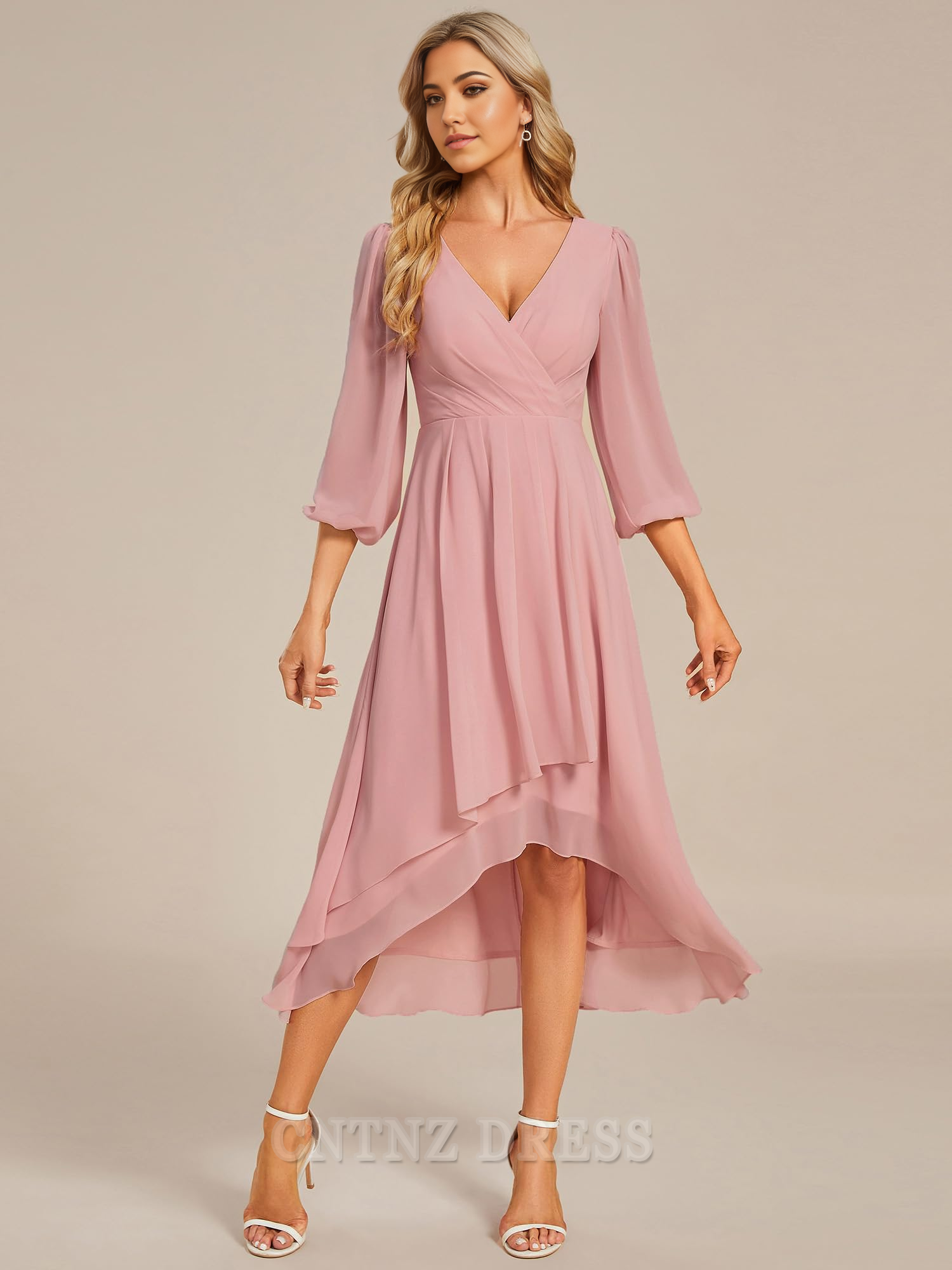 Wholesa A-Line V Neck Chiffon Pleated Long Sleeves Midi Length formal dresses Bridesmaid Dresses evening gown Prom Dress