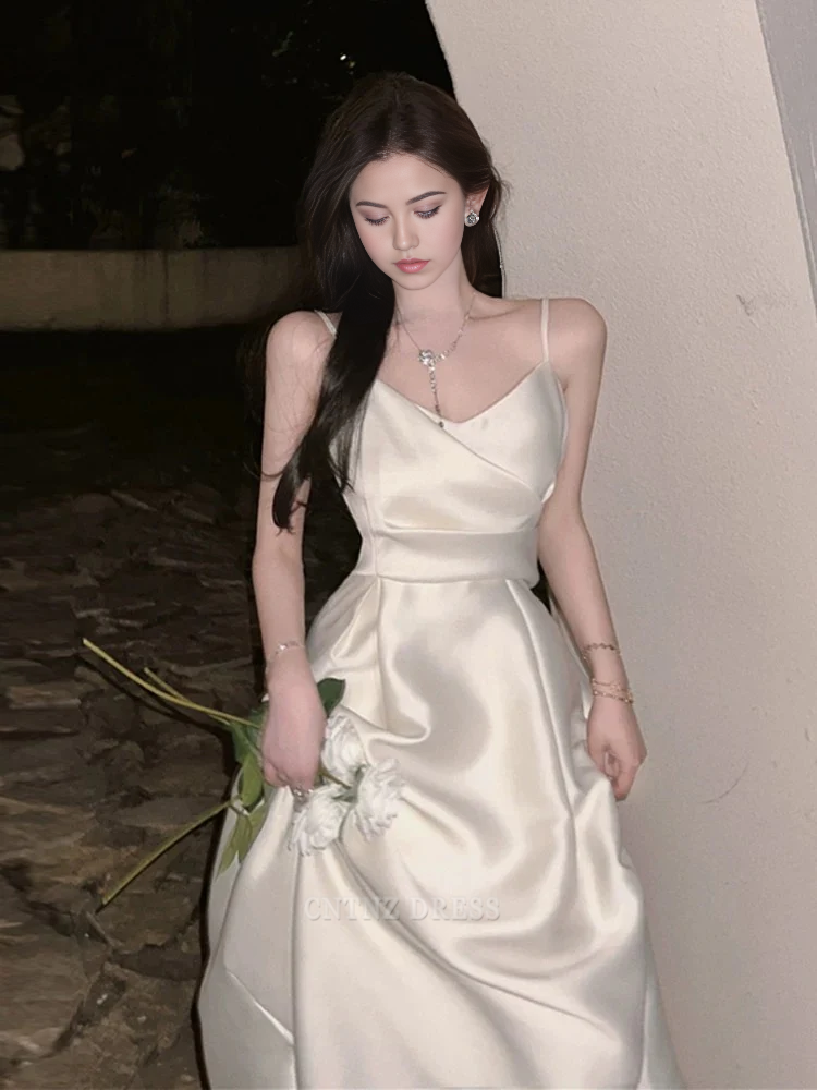 Wholesa A Line Spaghetti Straps Satin Ivory Sleeveless Vintage formal dresses Bridesmaid Dresses evening gown Prom Dress