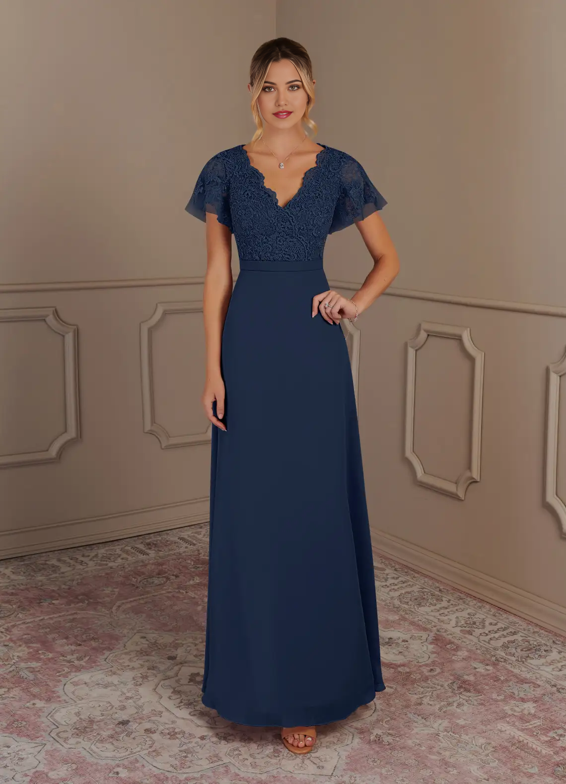 Wholesa A-Line V-Neck Lace Chiffon Dark Navy Mother of the Bride Dresses