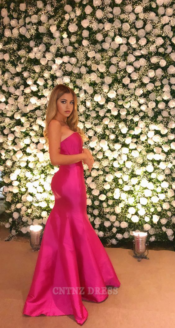 Wholesa Mermaid Strapless Hot Pink Satin Long Ruffles formal dresses Bridesmaid Dresses evening gown Prom Dress