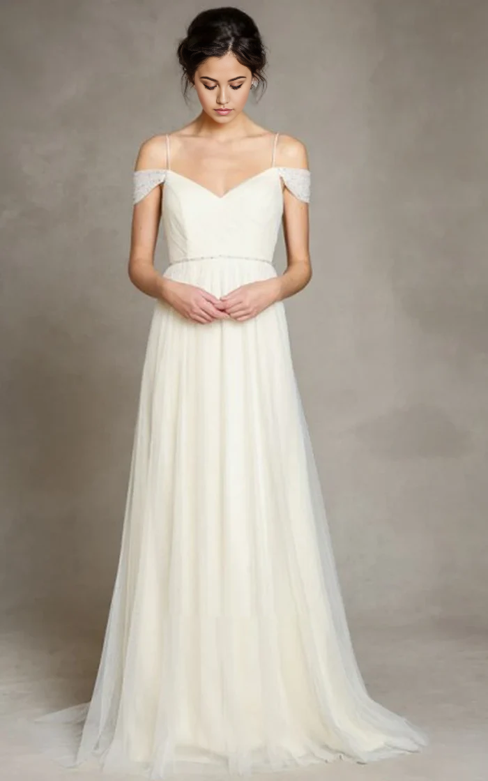 Wholesa A-Line Off-the-Shoulder Spaghetti Straps Tulle Long Wedding Dress