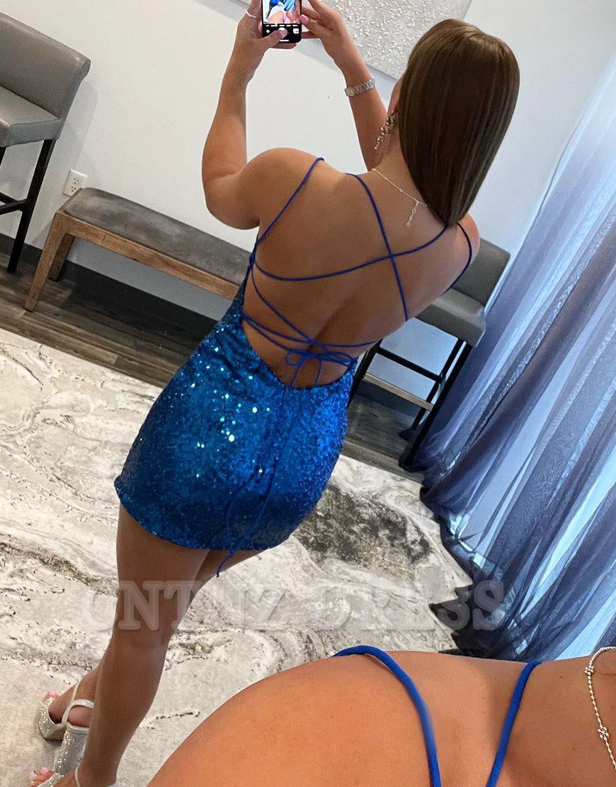 Wholesa Sheath Sexy Double Straps Royal Blue Sequins Short formal dresses Bridesmaid Dresses evening gown Prom Dress Homecoming Dress