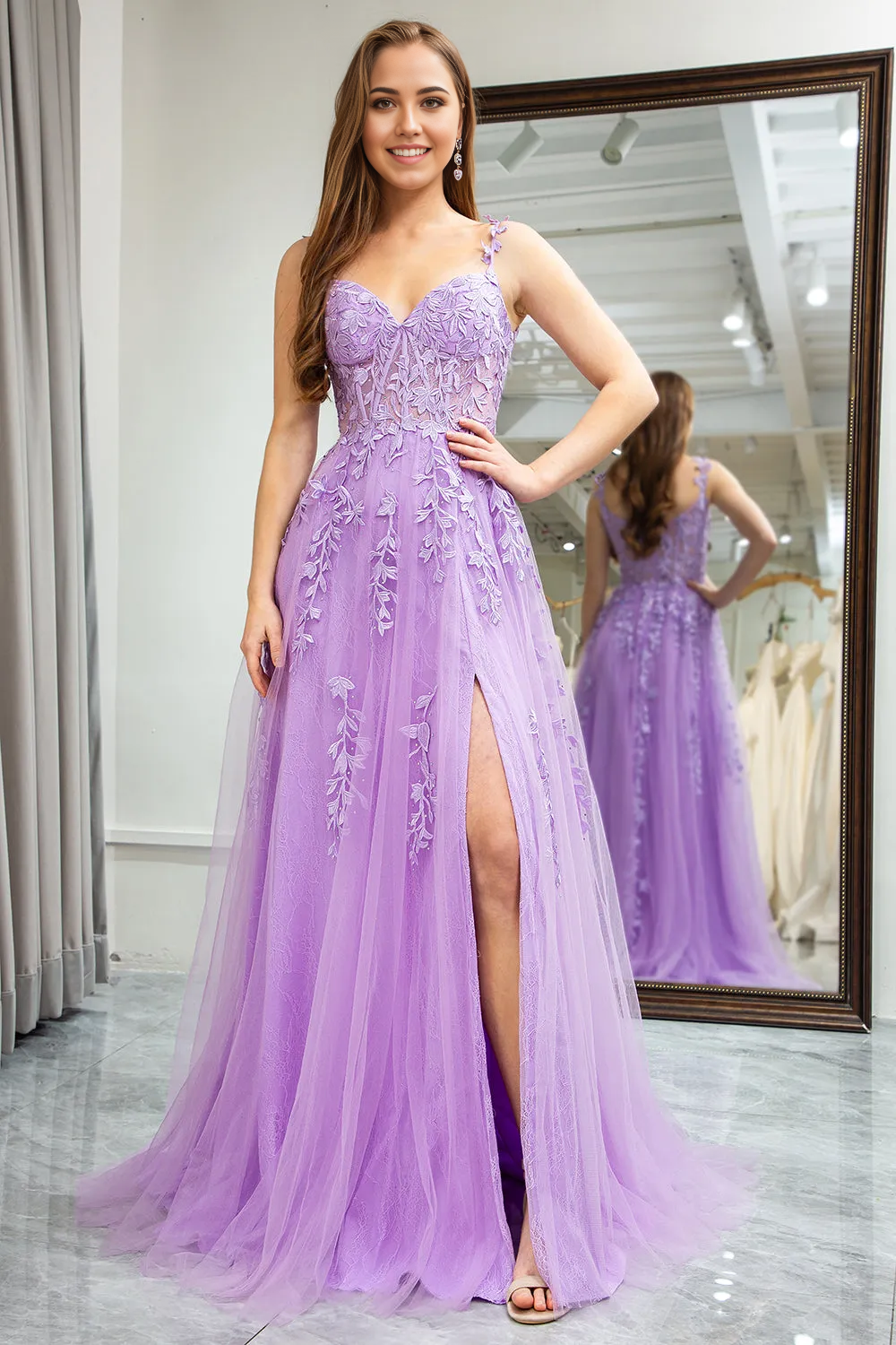 Wholesa A-Line Spaghetti Straps Appliqued Lilac Long Tulle formal dress evening gown Prom Dress With Slit