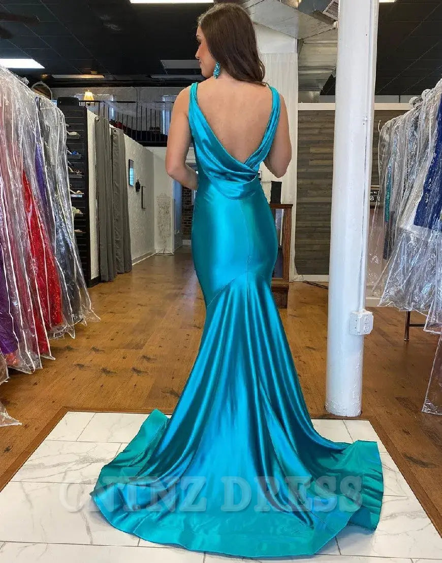 Wholesa Mermaid V-Neck Glitter Satin Backless formal dresses evening gown Prom Dress