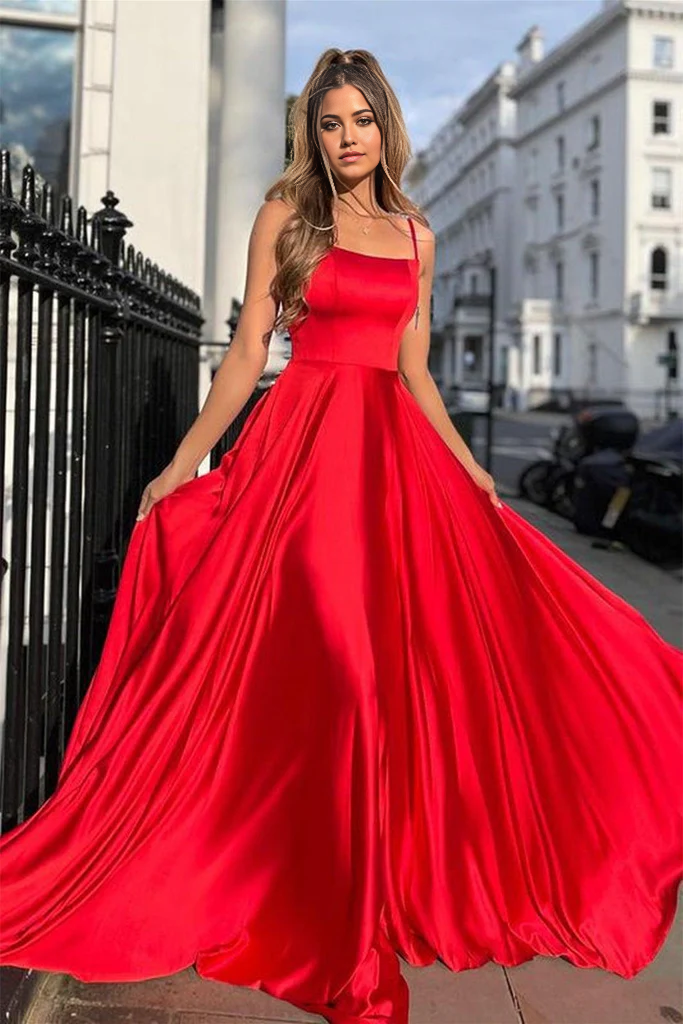 Wholesa A-line Scoop Neck Satin Long Prom Dress Straps Formal Dress