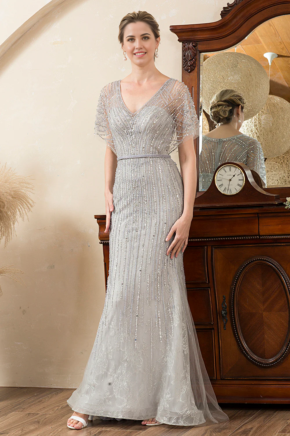 Wholesa Mermaid Beading V-neck Glitter Mother of Bride Dress