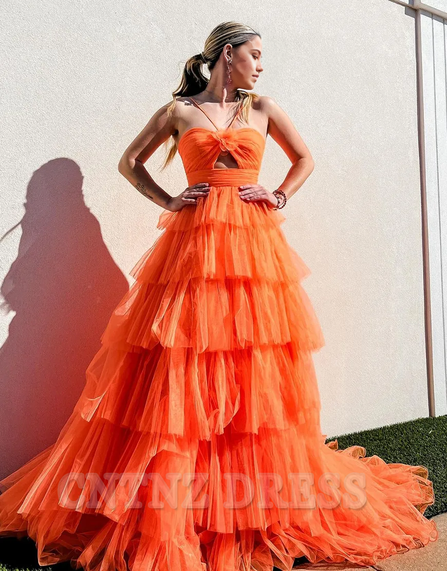Wholesa A-Line Spaghetti Straps Flower Tiered Tulle Orange Long formal dresses evening gown Prom Dress