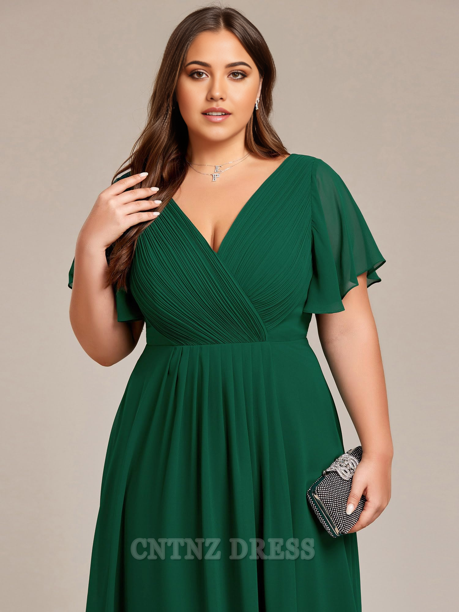 Wholesa Plus Size A Line V Neck Chiffon Short Sleeves Knee Length formal dresses Bridesmaid Dresses evening gown Prom Dress