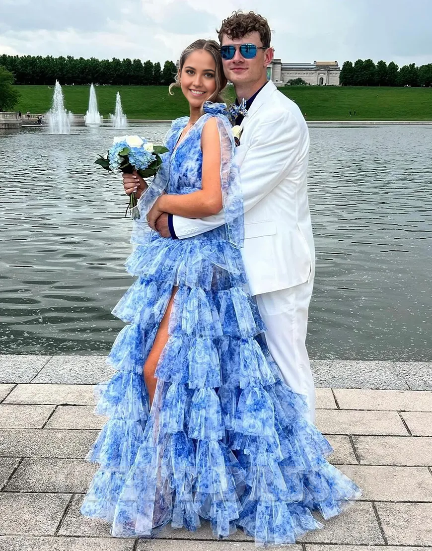 Wholesa A-Line Floral V Neck Ruffles Long Blue formal dresses evening gown Prom Dress with Slit