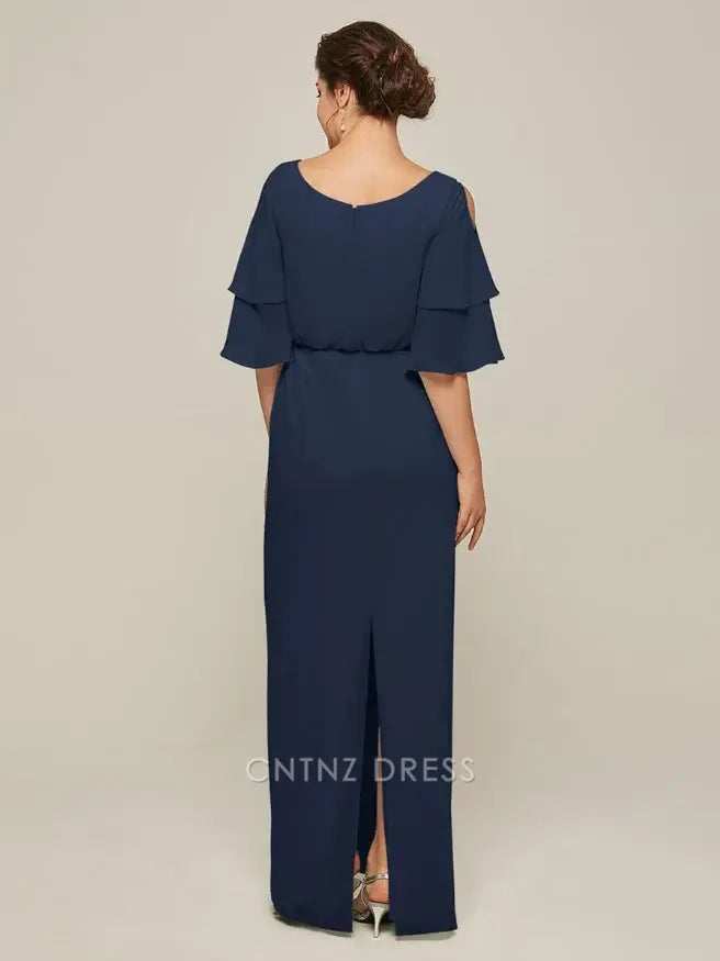 Wholesa A-Line Jewel Neck Short Sleeves Split Front Wedding Guest Dresses Chiffon Mother of the Bride Dresse