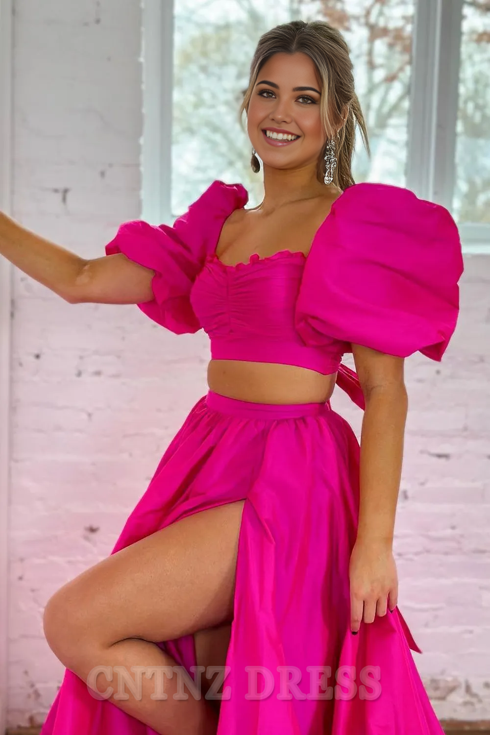 Wholesa Two Pieces A-Line Square Neck Long Satin Hot Pink formal dresses evening gown Prom Dress With Split