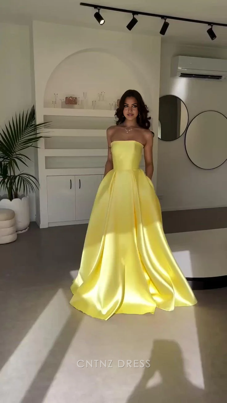 Wholesa A Line Elegant Yellow Satin Strapless formal dresses Bridesmaid Dresses evening gown Prom Dress