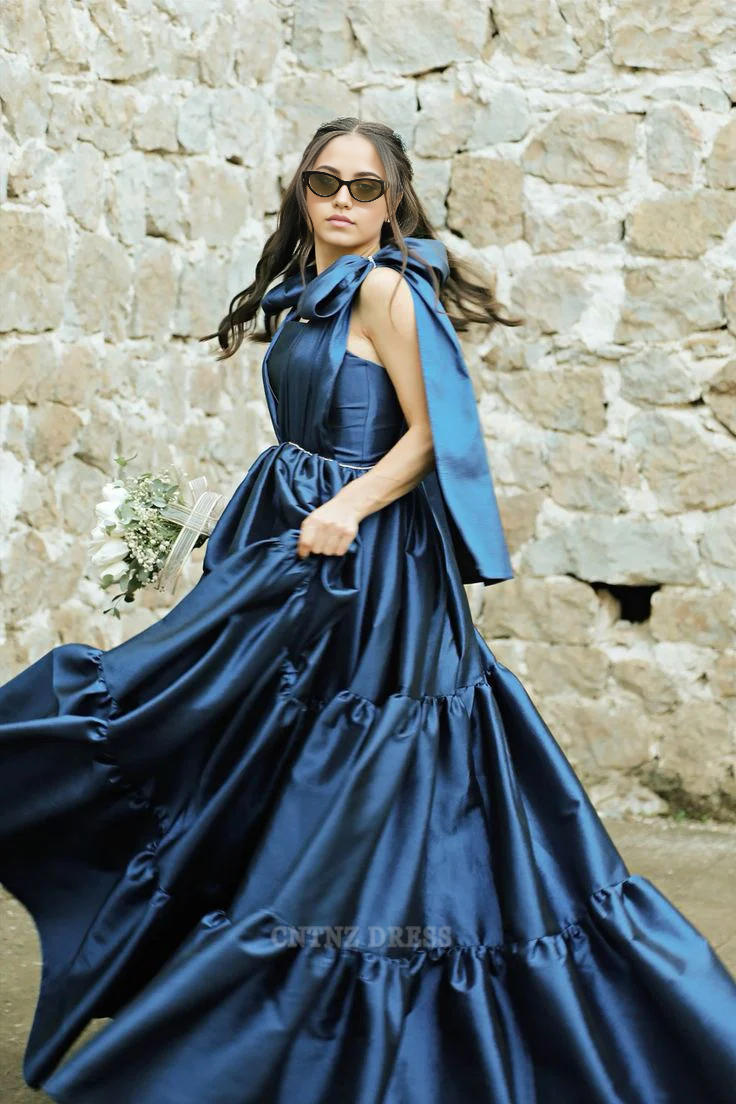 Wholesa A Line Straps Navy Blue Pretty Long Satin formal dresses Bridesmaid Dresses evening gown Prom Dress