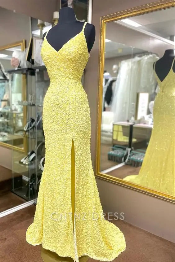 Wholesa Mermaid V-Neck Sequins Yellow Long formal dresses Bridesmaid Dresses evening gown Prom Dress with Slit