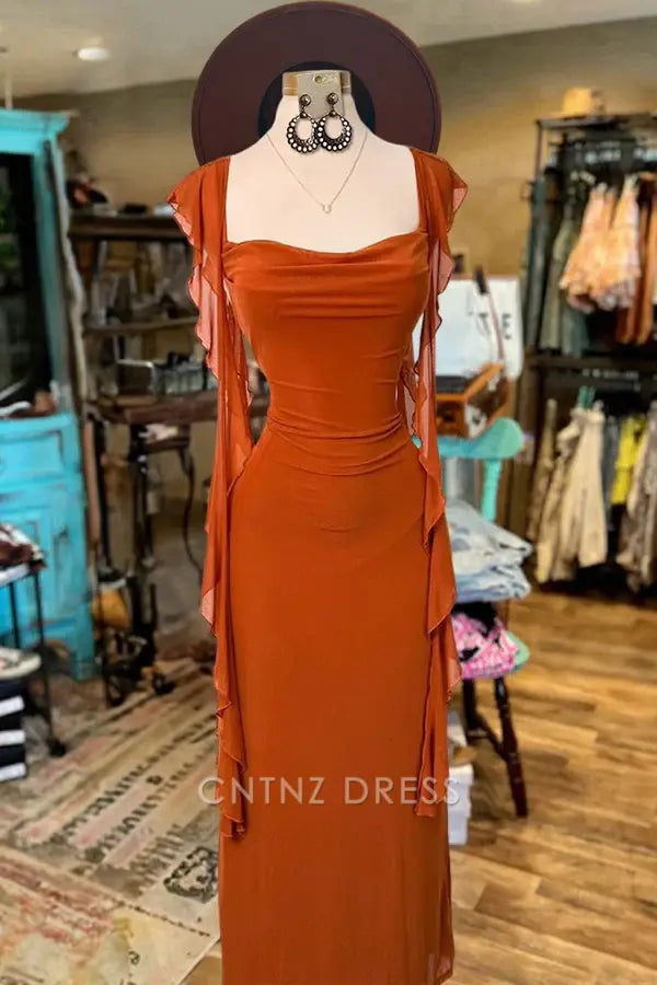 Wholesa Sheath Elegant Ruffled Sleeves Square Neck formal dresses Bridesmaid Dresses evening gown Prom Dress