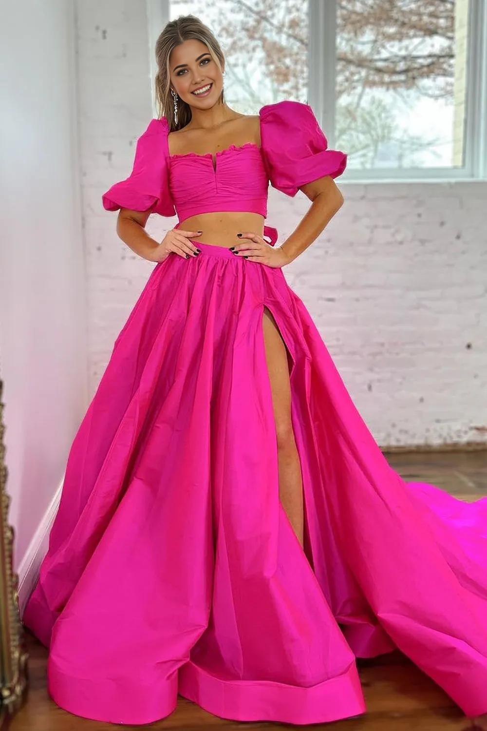 Wholesa Two Pieces A-Line Square Neck Long Satin Hot Pink formal dresses evening gown Prom Dress With Split