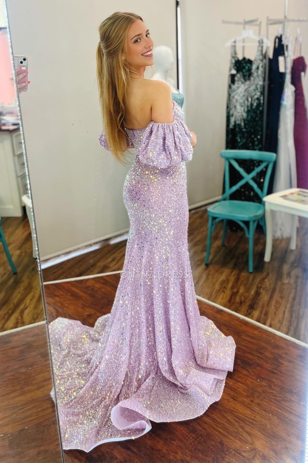 CNTNZ DRESS Elegant Mermaid Sparkly Sweetheart Short Sleeves Off Shoulder Sequins Hot Sale Prom Dress