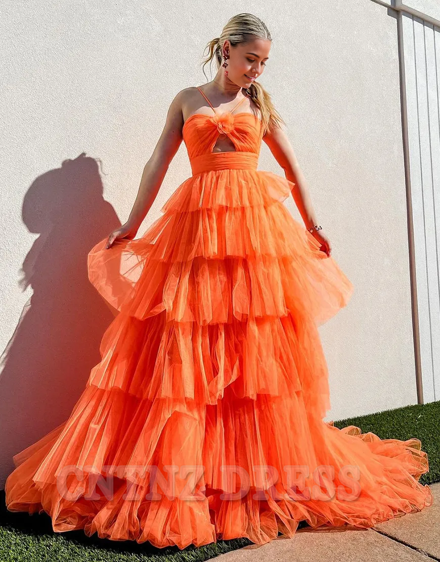 Wholesa A-Line Spaghetti Straps Flower Tiered Tulle Orange Long formal dresses evening gown Prom Dress