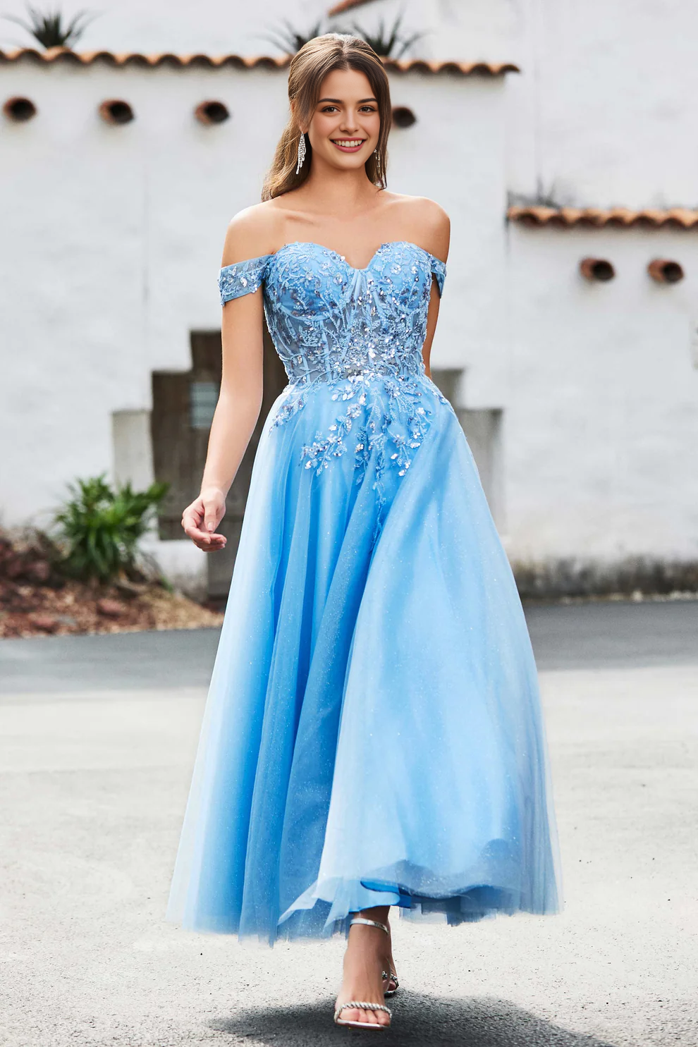 Tulle Elegant A-Line Off-the-Shoulder Sweetheart Neckline Beadwork Sleeveless Backless Discount Sparkle Party Dress Hot Sale Prom Dresses