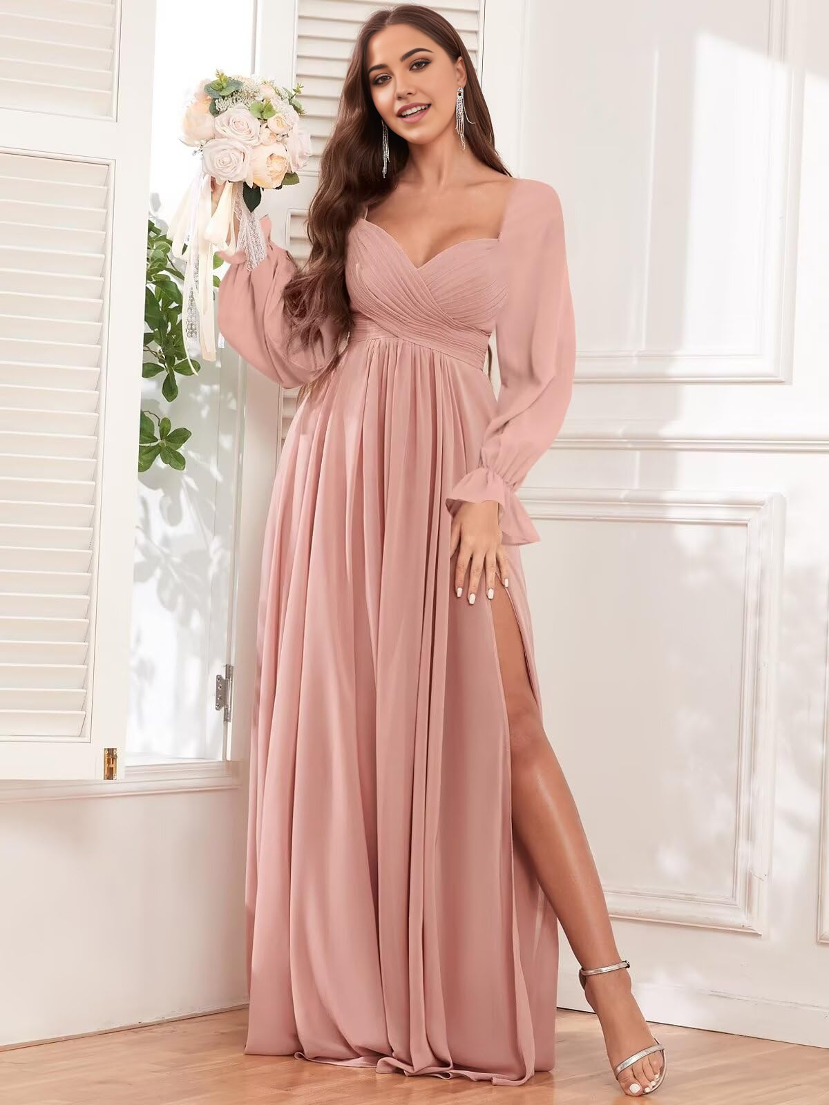 Wholesa A-line Chiffon Long Sleeve Pleated formal dresses Bridesmaid Dresses evening gown Prom Dress with Slit