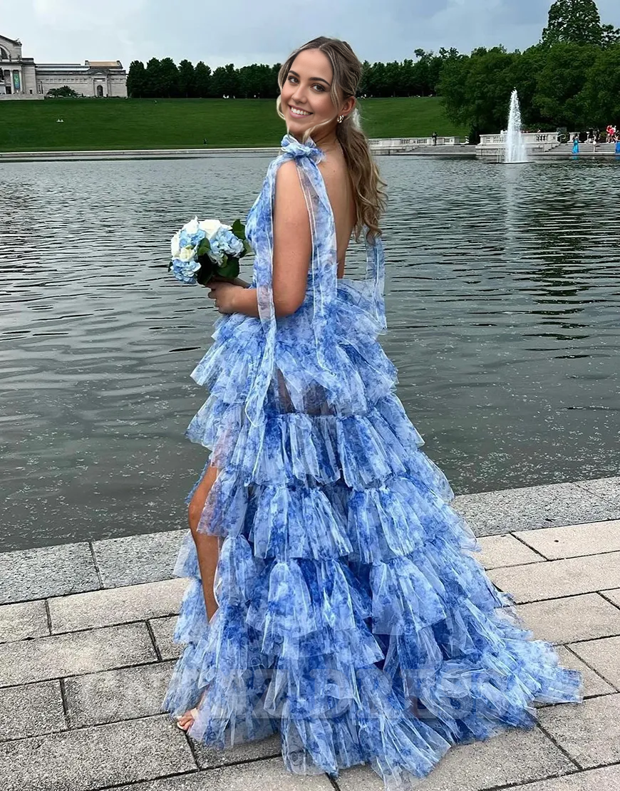 Wholesa A-Line Floral V Neck Ruffles Long Blue formal dresses evening gown Prom Dress with Slit