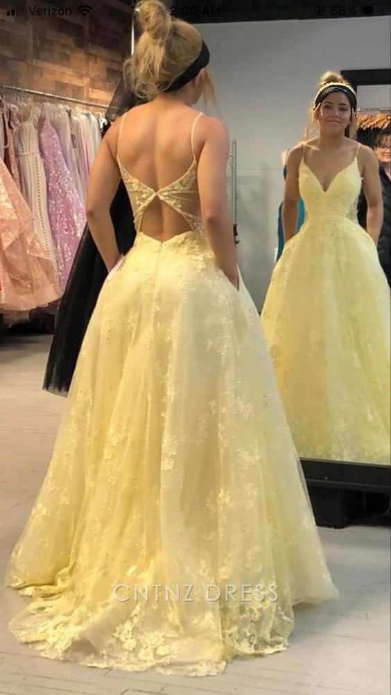 Wholesa A-line V-Neck Lace Yellow formal dresses Bridesmaid Dresses evening gown Prom Dress