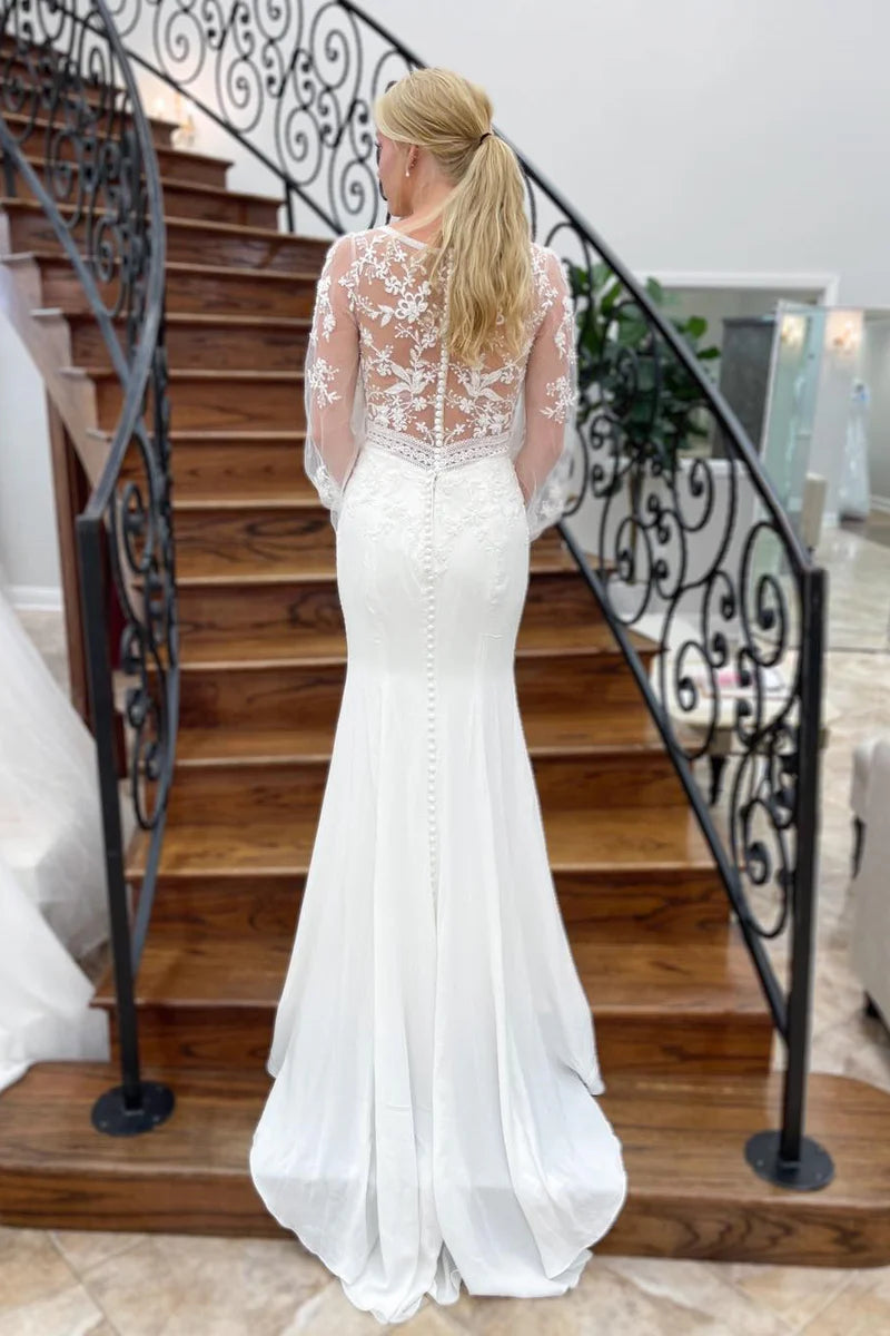 Wholesa Mermaid Deep V Neck Illusion Sleeves Appliques Long Wedding Dress
