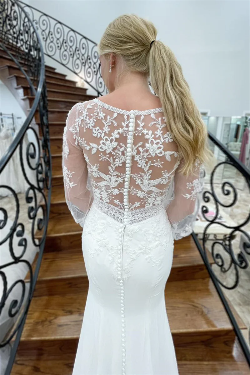 Wholesa Mermaid Deep V Neck Illusion Sleeves Appliques Long Wedding Dress