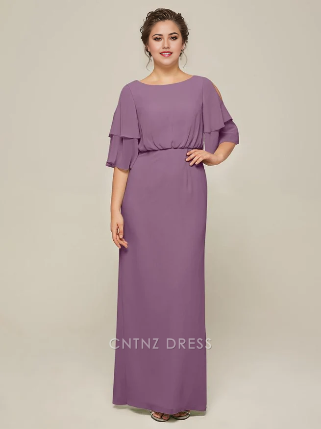 Wholesa A-Line Jewel Neck Short Sleeves Split Front Wedding Guest Dresses Chiffon Mother of the Bride Dresse