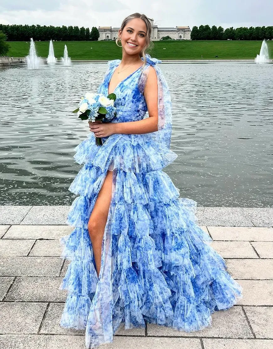 Wholesa A-Line Floral V Neck Ruffles Long Blue formal dresses evening gown Prom Dress with Slit