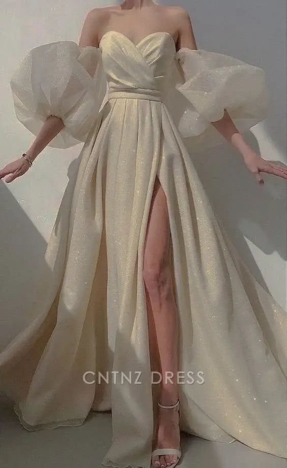 Wholesa A Line Glitter Sweetheart Tulle Sequins formal dresses Bridesmaid Dresses evening gown Prom Dress With Split